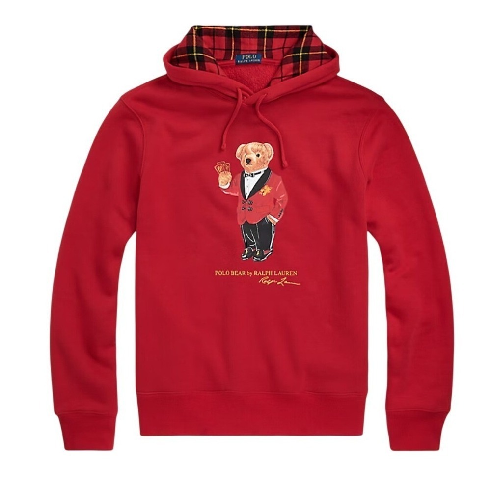 Polo Ralph Lauren Lunar Bear Red Hoodie 2XLT Plaid Lined Hood Graphic Sweatshirt